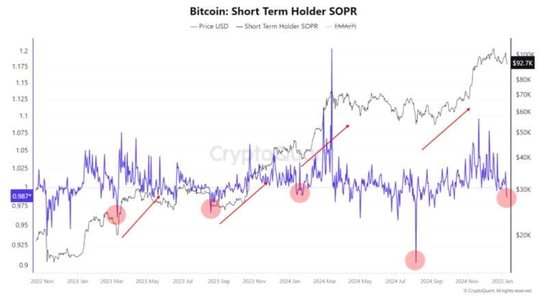 Wykres SOPR krótkoterminowego posiadacza Bitcoina z trendami
